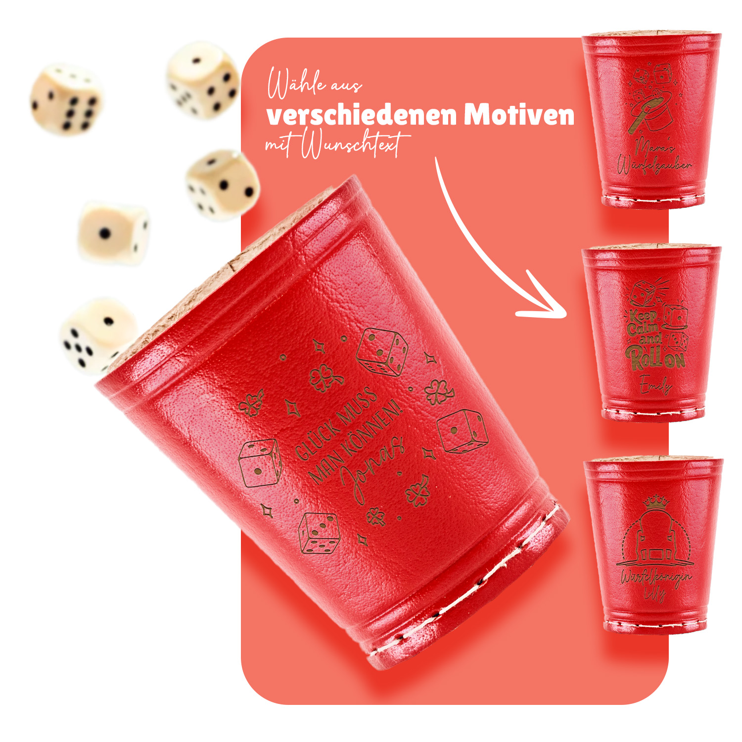 Roter Würfelbecher mit Gravur